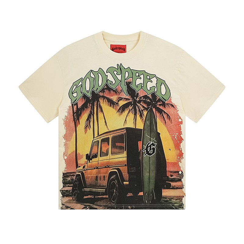 Godspeed Cream Sunset Car Graphic T-Shirt ¡ª front
