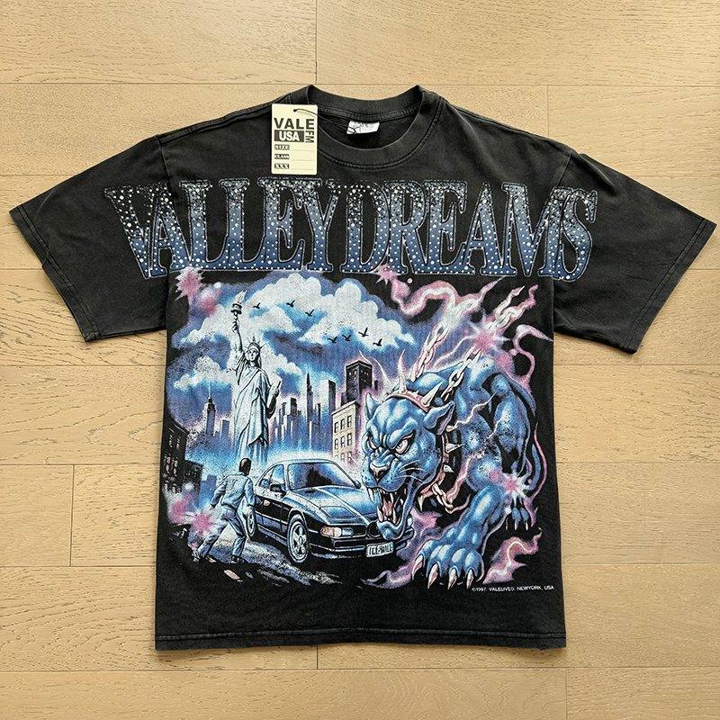 VALE USA Washed Black Rhinestone Graphic T-Shirt ¡ª front