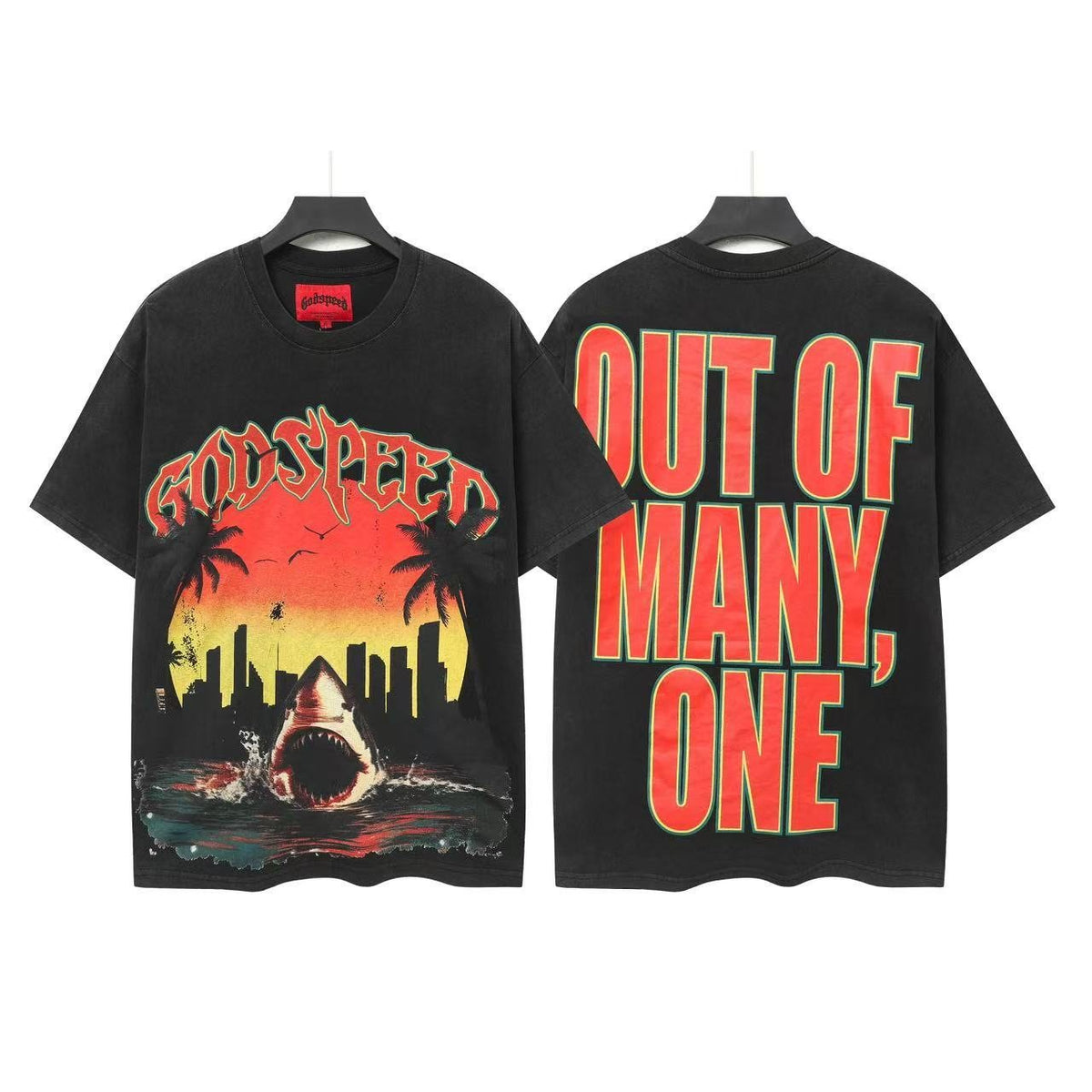 Godspeed Shark Out Of Many One Graphic T-Shirt ¡ª front