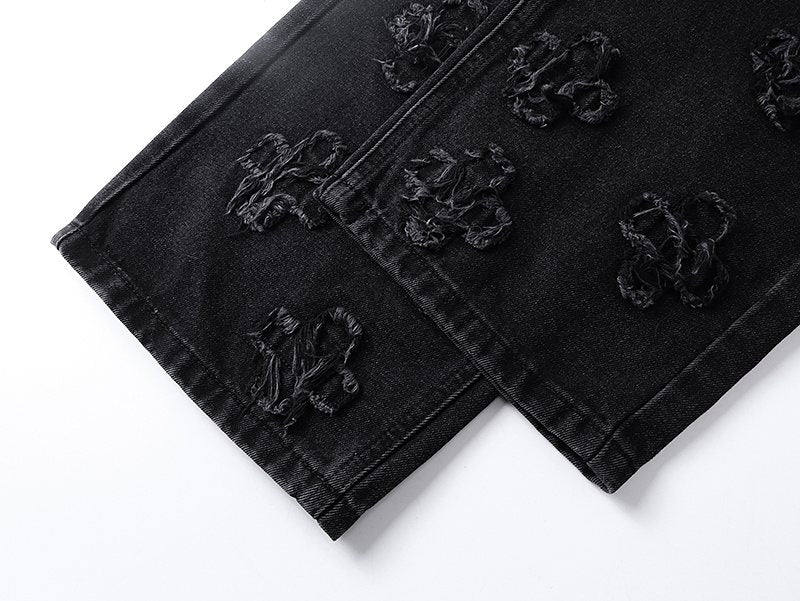 Ksubi Black Distressed Cross Embroidered Straight-Leg Jeans ¡ª detail