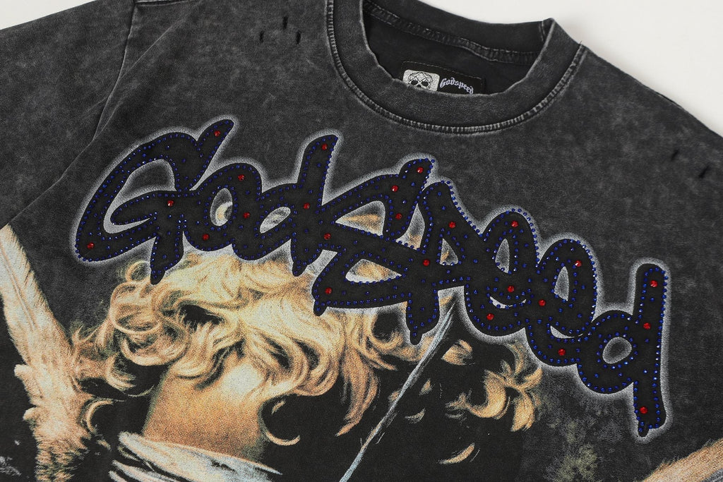 Godspeed Distressed Rhinestone Graphic T-Shirt ¡ª detail
