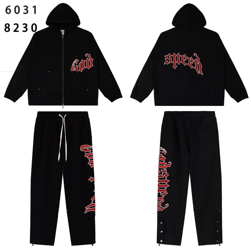 Godspeed Red Gothic Print Zip Hoodie Tracksuit Set ¡ª front