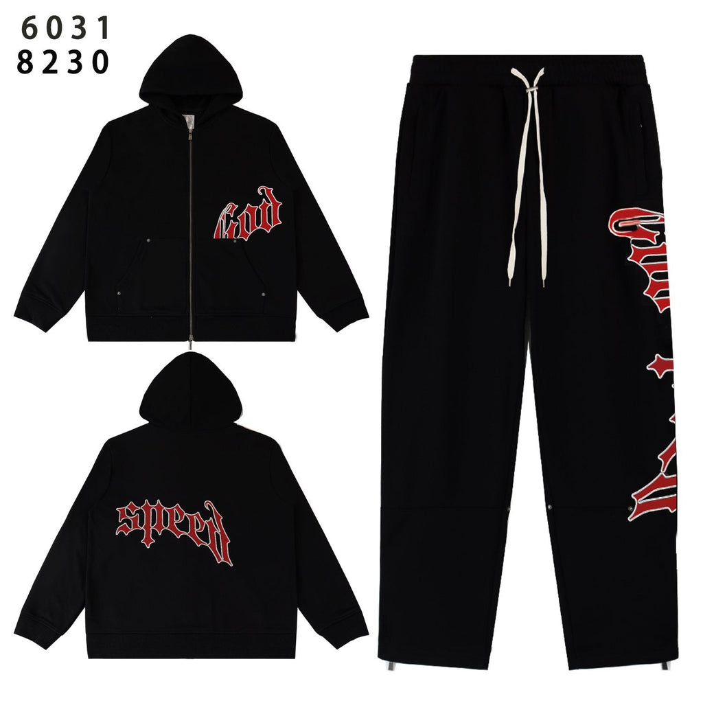 Godspeed Red Gothic Print Zip Hoodie Tracksuit Set ¡ª front