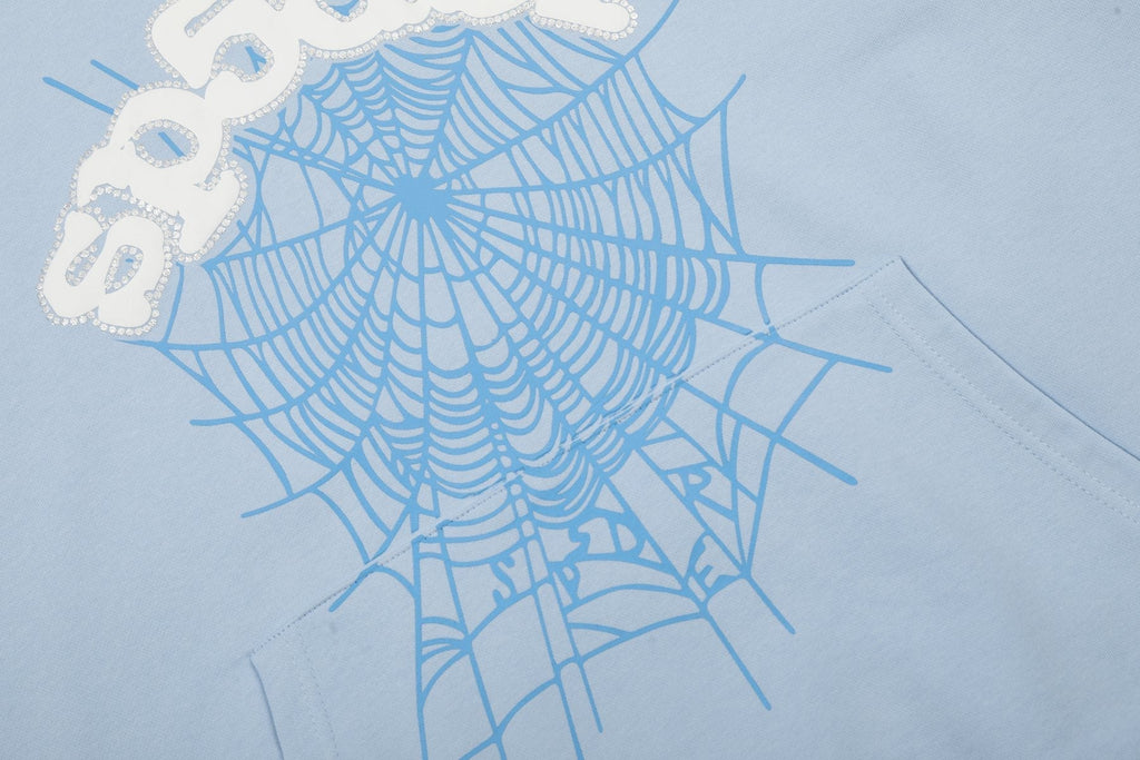 Sp5der Light Blue Spiderweb Hoodie & Sweatpants Matching Set ¡ª detail