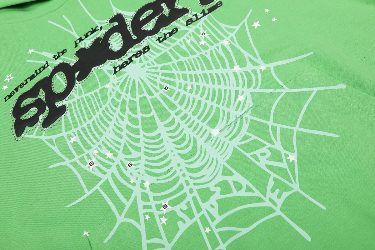 Sp5der Green Web Graphic Hoodie & Pants Matching Set ¡ª detail