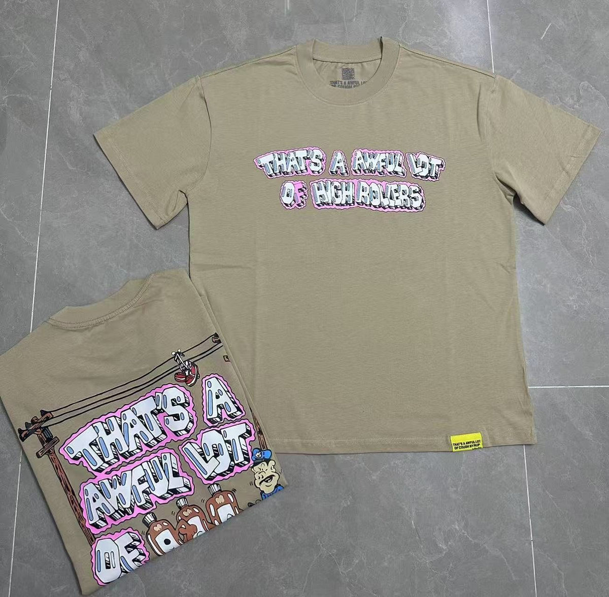 THAT'S A AWFUL LOT OF COUGH SYRUP Khaki Casino Dice Graphic T-Shirt ¡ª context