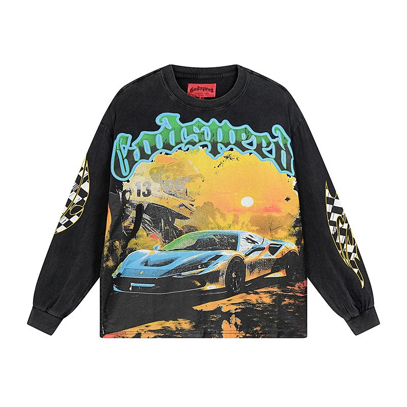 Godspeed Washed Black Car Graphic Long-Sleeve T-Shirt ¡ª front