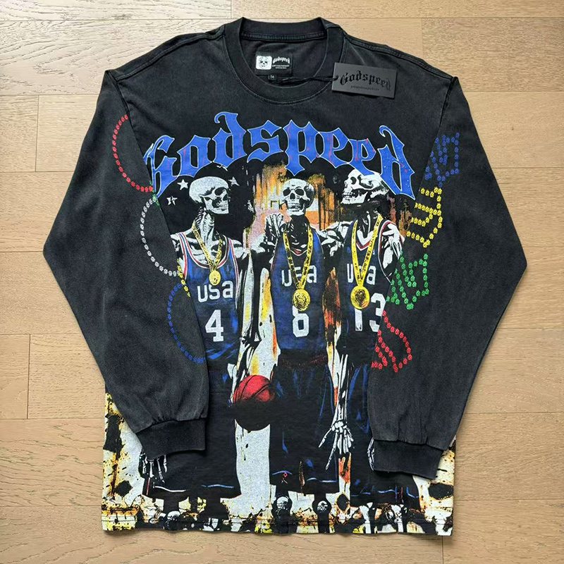 Godspeed Washed Black Graphic Long-Sleeve T-Shirt ¡ª front