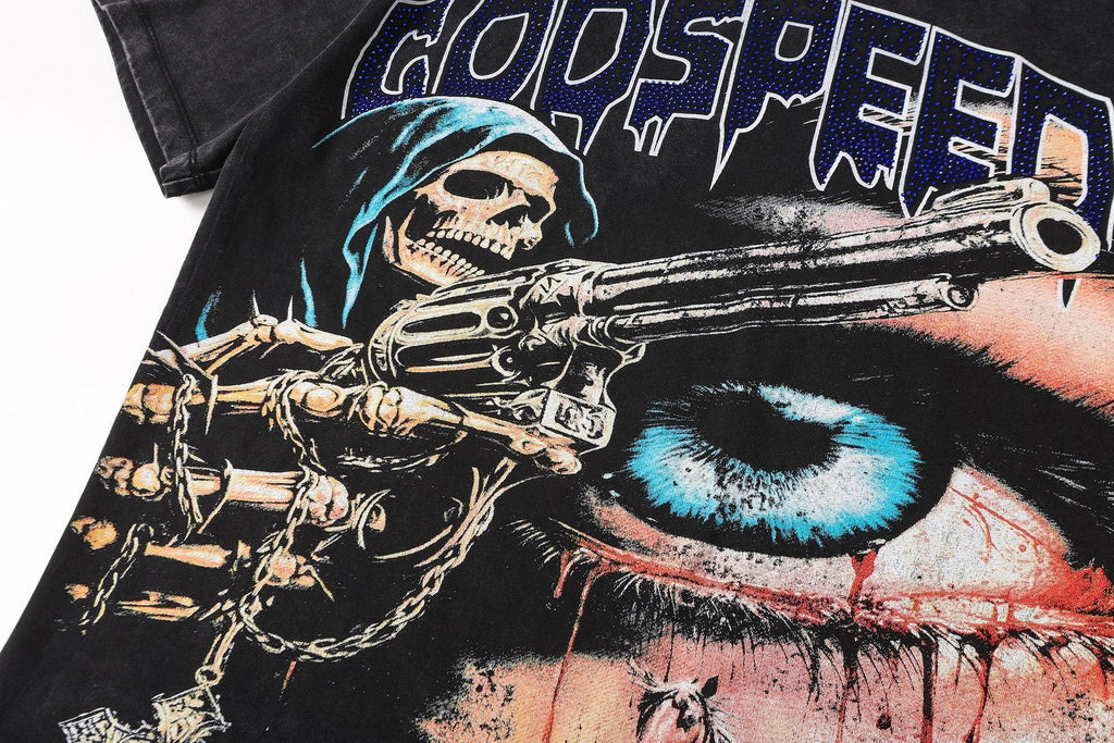 Godspeed Distressed Rhinestone Graphic T-Shirt ¡ª detail