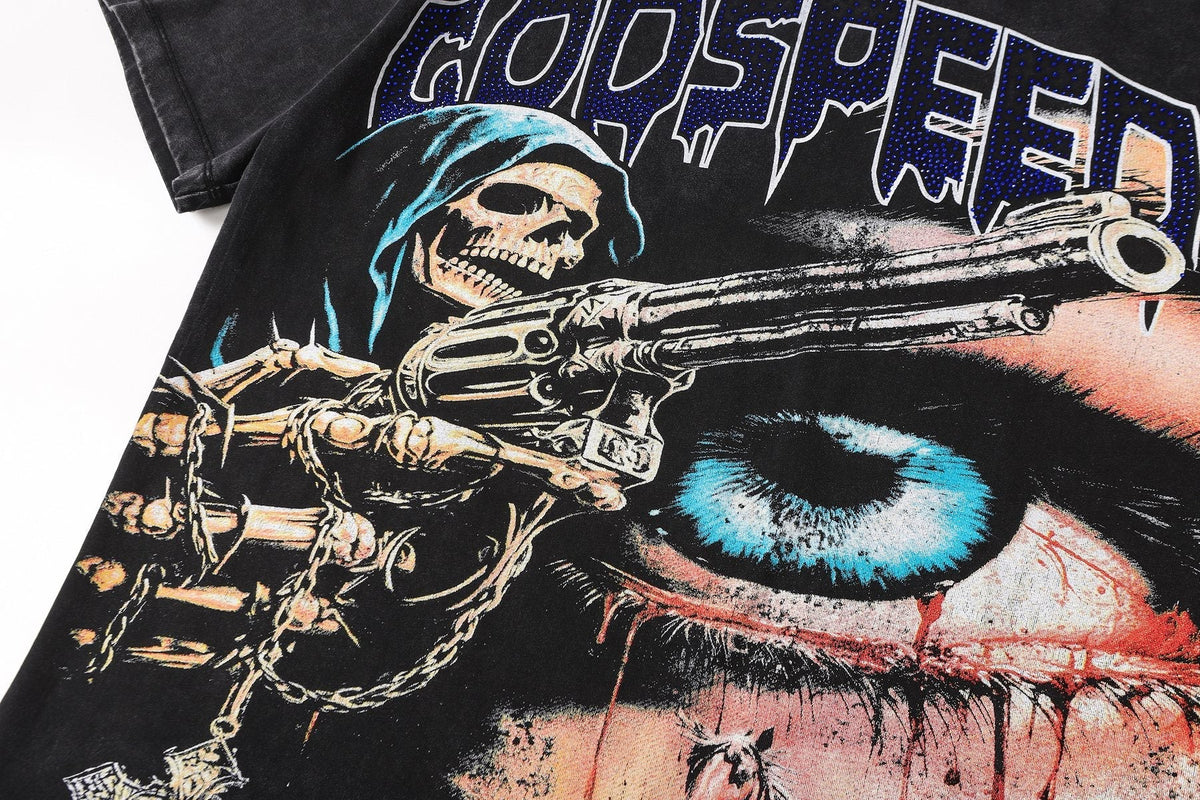 Godspeed Distressed Rhinestone Graphic T-Shirt ¡ª detail