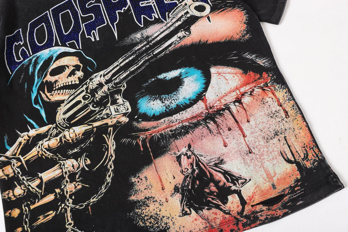 Godspeed Distressed Rhinestone Graphic T-Shirt ¡ª detail