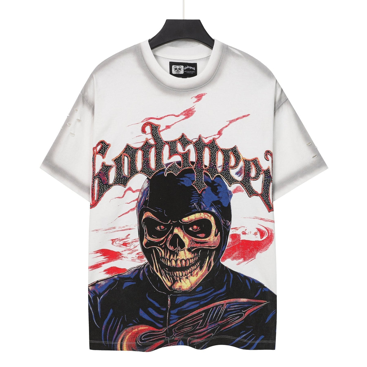 Godspeed Skull Graphic Distressed Sleeve T-Shirt ¡ª front