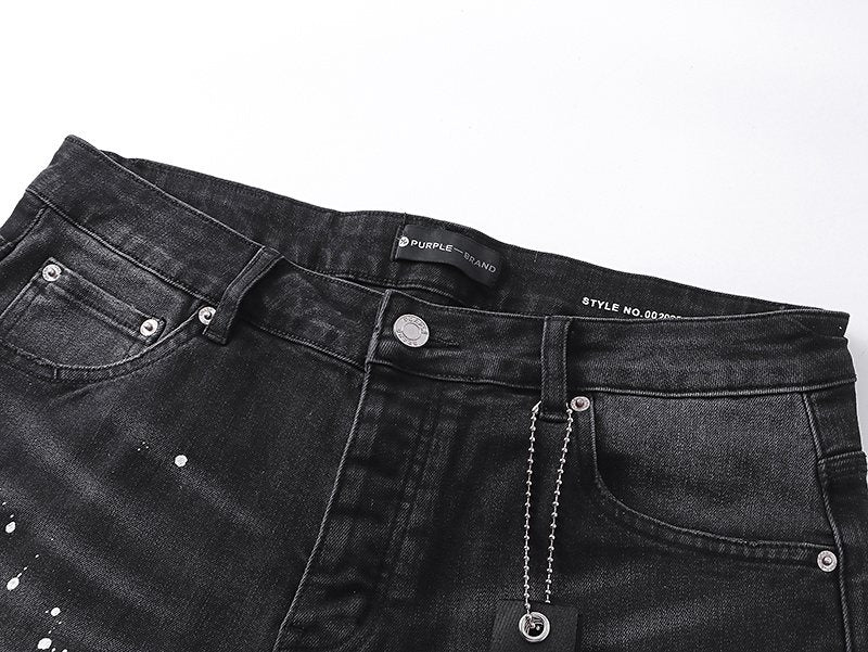 Purple Brand Black Paint-Splatter Distressed Denim Shorts ¡ª detail