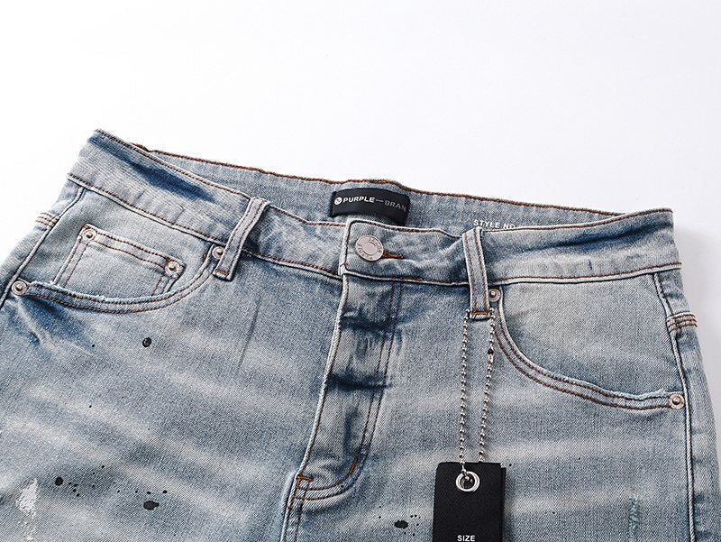 Purple Brand Light Blue Distressed Denim Shorts ¡ª detail