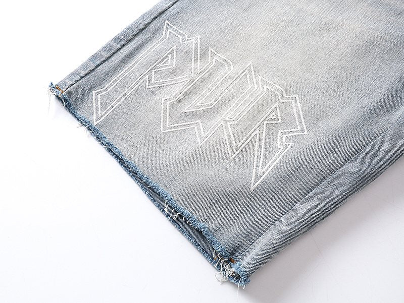 Purple Brand Light Blue Raw Hem Graphic Denim Shorts ¡ª detail
