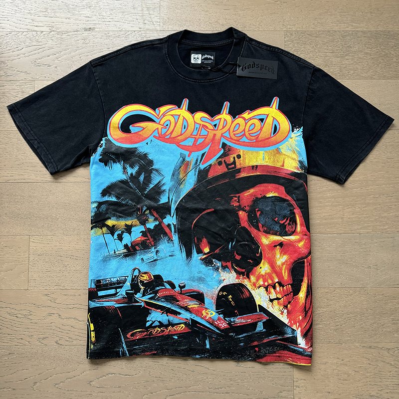 Godspeed Washed Black Skull Racing Graphic T-Shirt ¡ª front