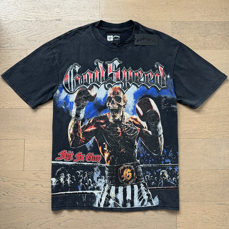 Godspeed Washed Black Skull Boxing Graphic T-Shirt ¡ª front