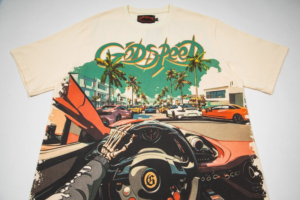 Godspeed Retro Car & Palm Tree Graphic T-Shirt ¡ª front