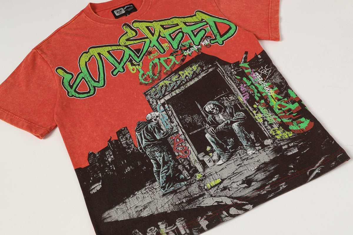 Godspeed Washed Red Skeleton Graphic T-Shirt ¡ª front