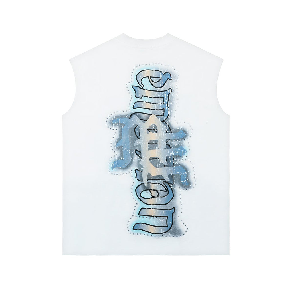 MIXED EMOTION White Vertical Wordmark Sleeveless Graphic Top ¡ª hero