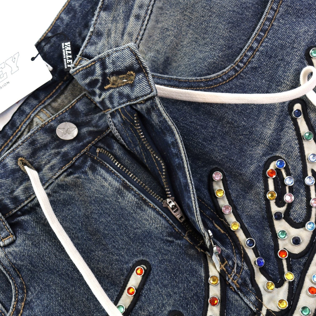 VALE Skittle Graphic Washed Denim Shorts ¡ª detail
