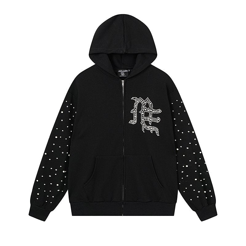 MIXED EMOTION Rhinestone Graphic Zip Hoodie ¡ª front