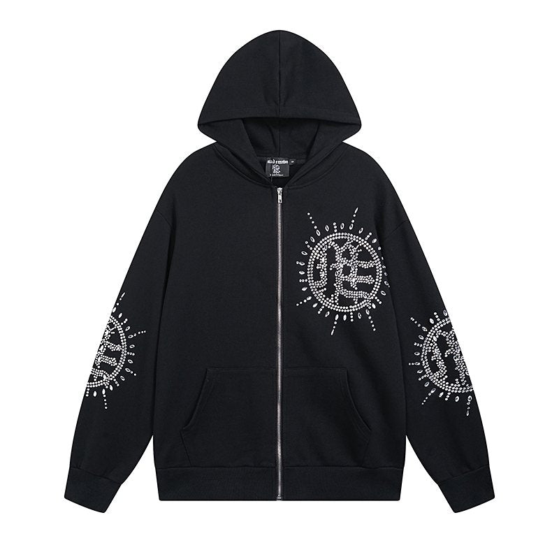 MIXED EMOTION Rhinestone Graphic Zip-Up Hoodie ¡ª front