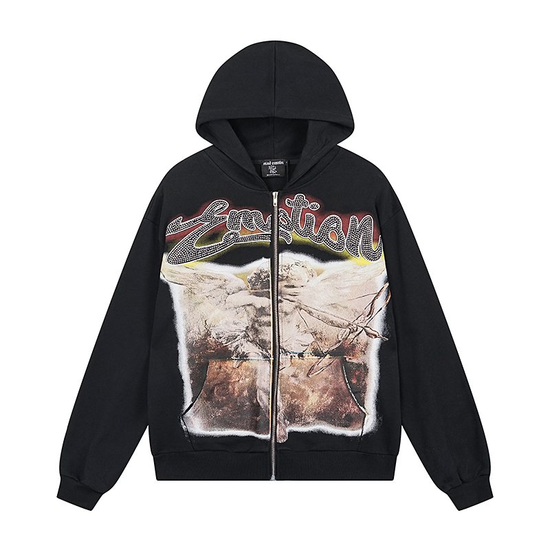 Mixed Emotion Black Zip-Up Graphic Hoodie ¡ª front