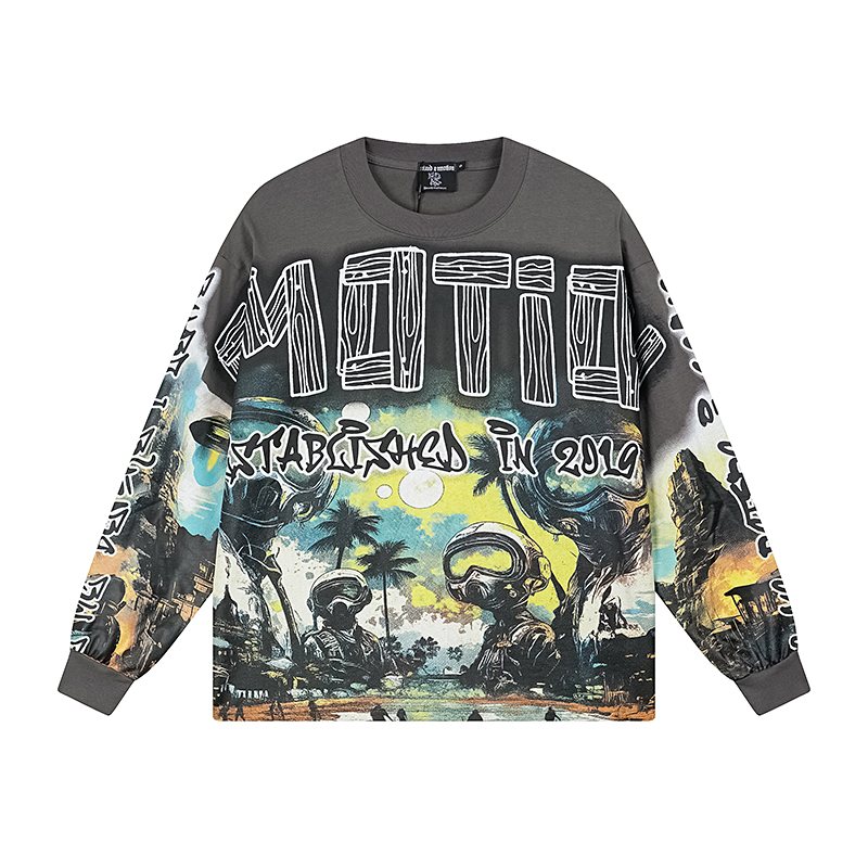MIXED EMOTION Gray Graffiti Graphic Long-Sleeve T-Shirt ¡ª front