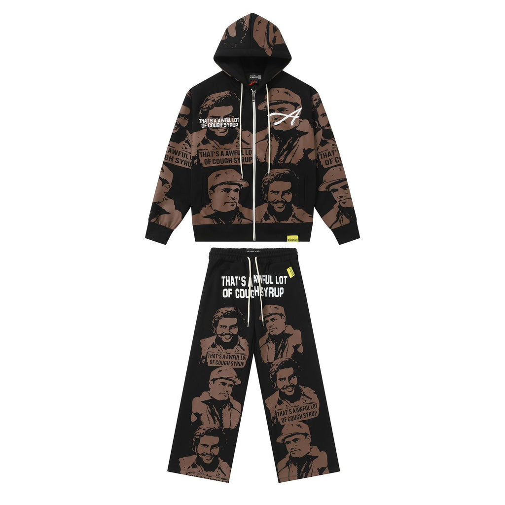 That's A Awful Lot Of Cough Syrup Portrait Graphic Zip Hoodie & Sweatpants Set - Black ¡ª front