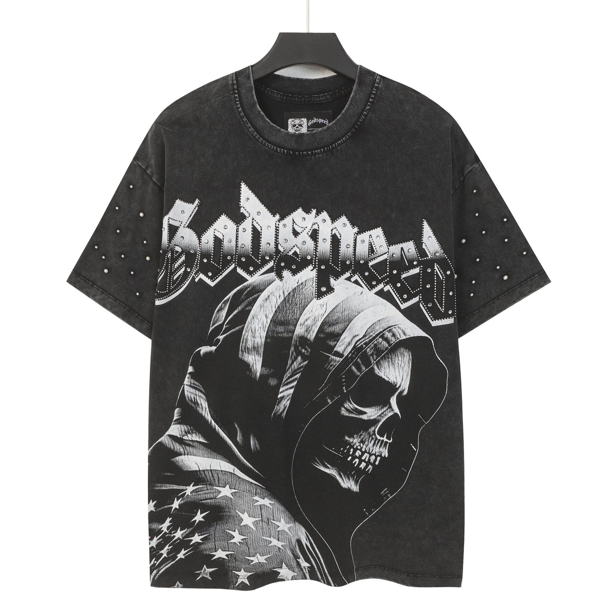 Godspeed Hooded Skull Graphic Studded-Sleeve T-Shirt ¡ª hero