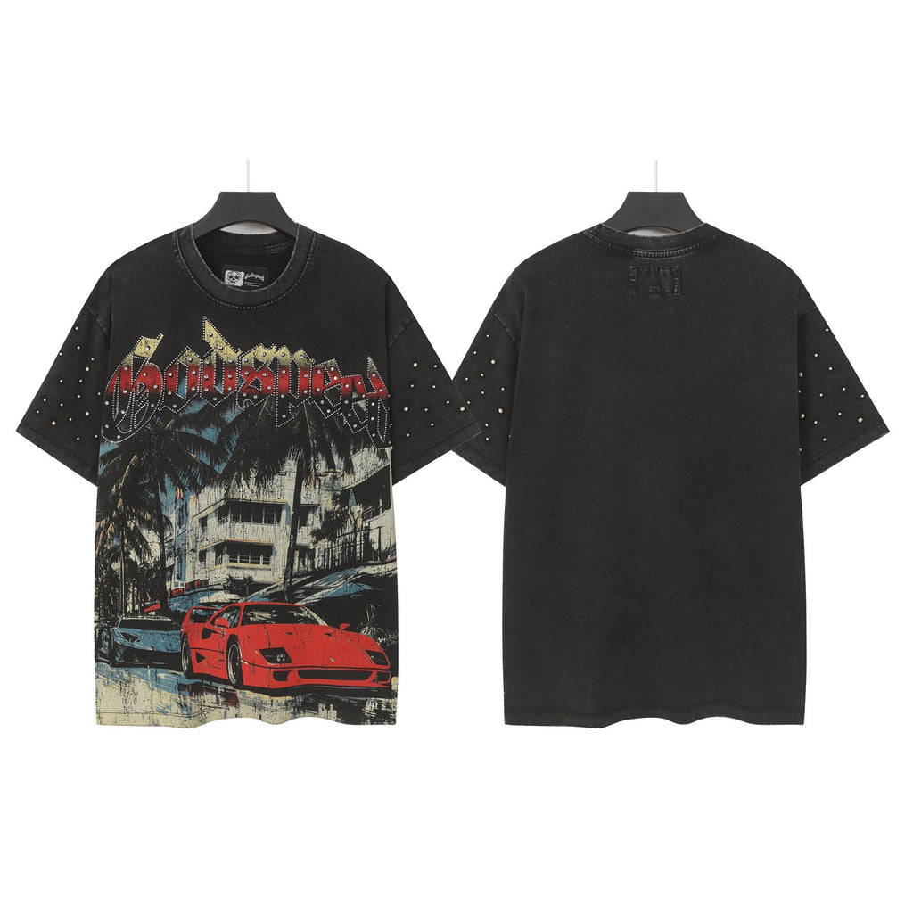 Godspeed Car & Building Graphic Studded-Sleeve T-Shirt ¡ª front