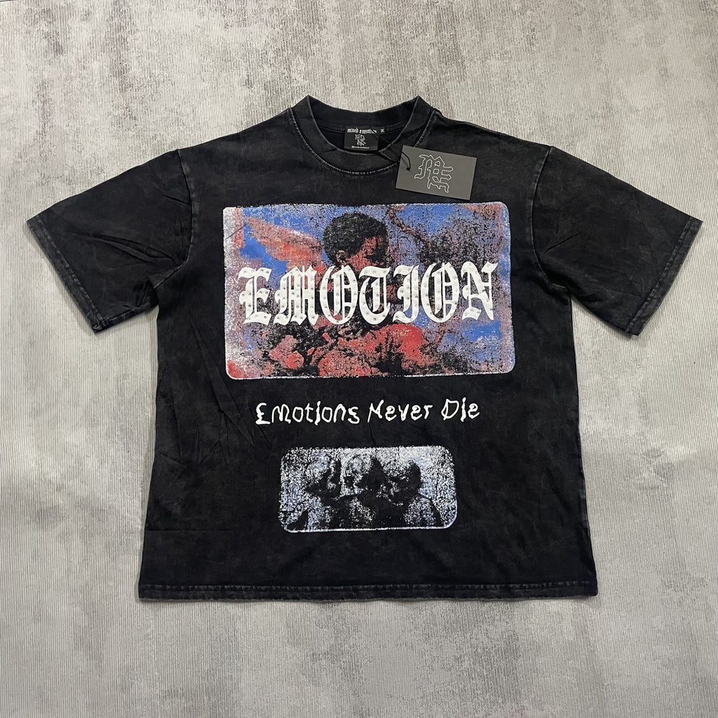MIXED EMOTION Rhinestone Graphic Acid-Wash T-Shirt ¡ª hero