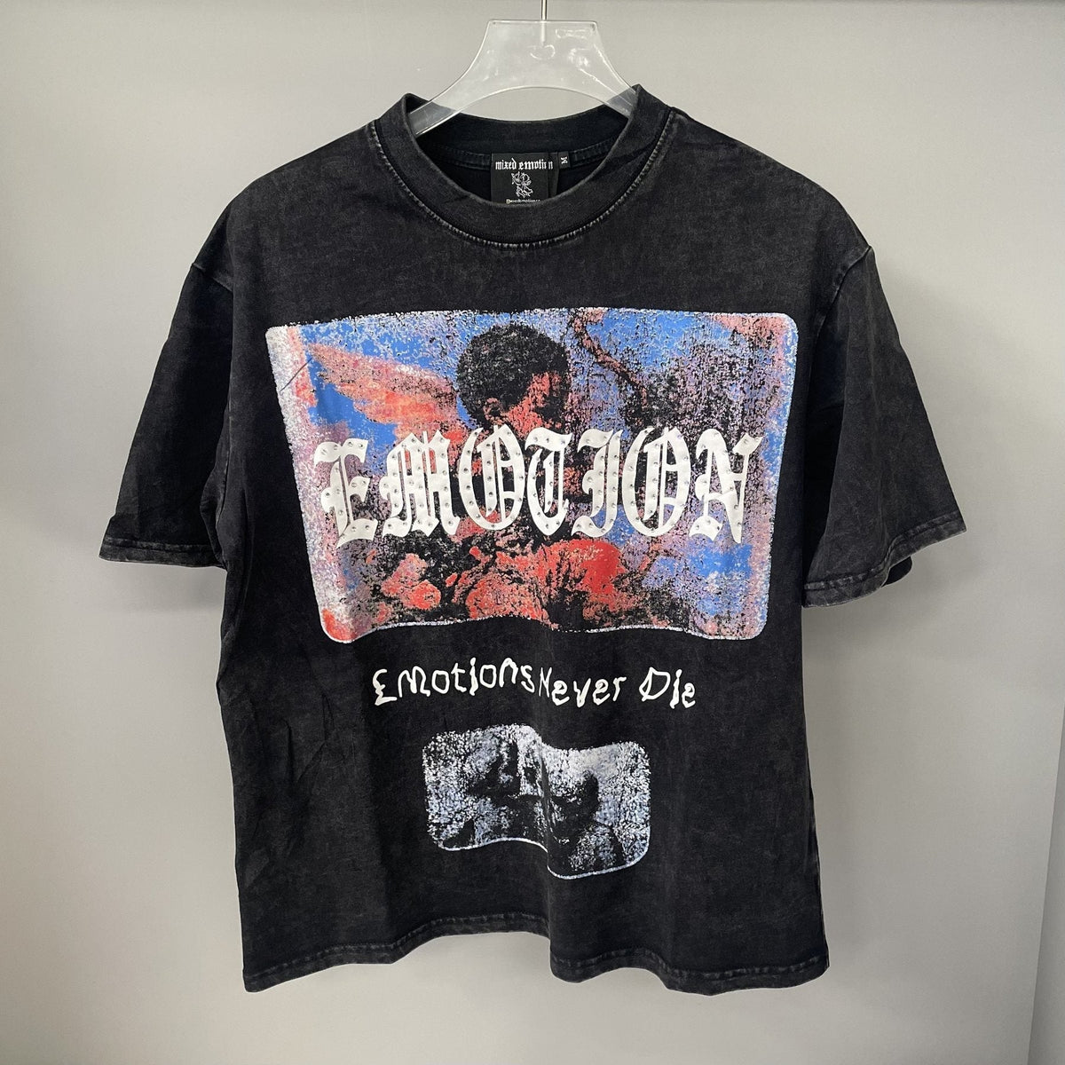 MIXED EMOTION Rhinestone Graphic Acid-Wash T-Shirt ¡ª front
