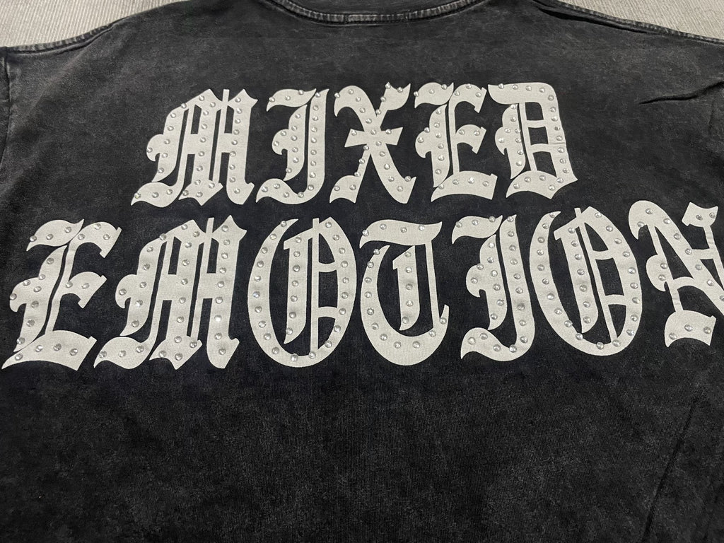 MIXED EMOTION Rhinestone Graphic Acid-Wash T-Shirt ¡ª detail
