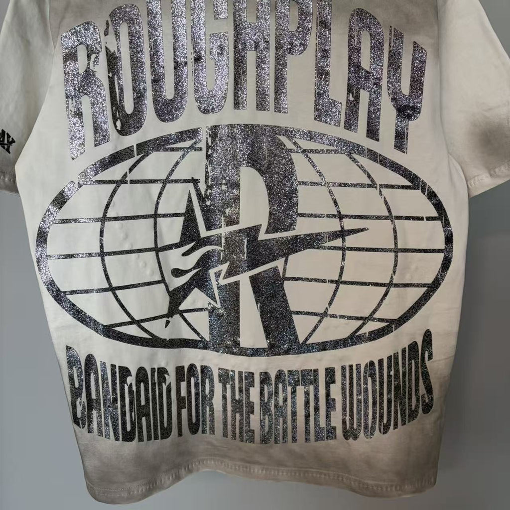 Rough Play Off-White Washed Rhinestone Graphic T-Shirt ¡ª detail