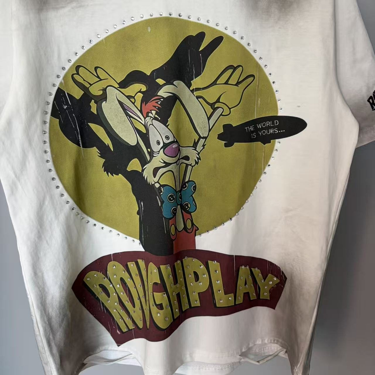 Rough Play Off-White Washed Rhinestone Graphic T-Shirt ¡ª detail