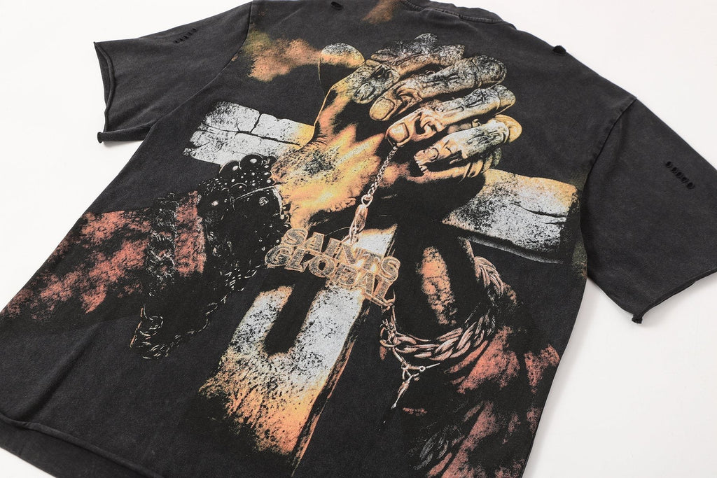 SAINT Washed Black Front & Back Graphic T-Shirt ¡ª detail