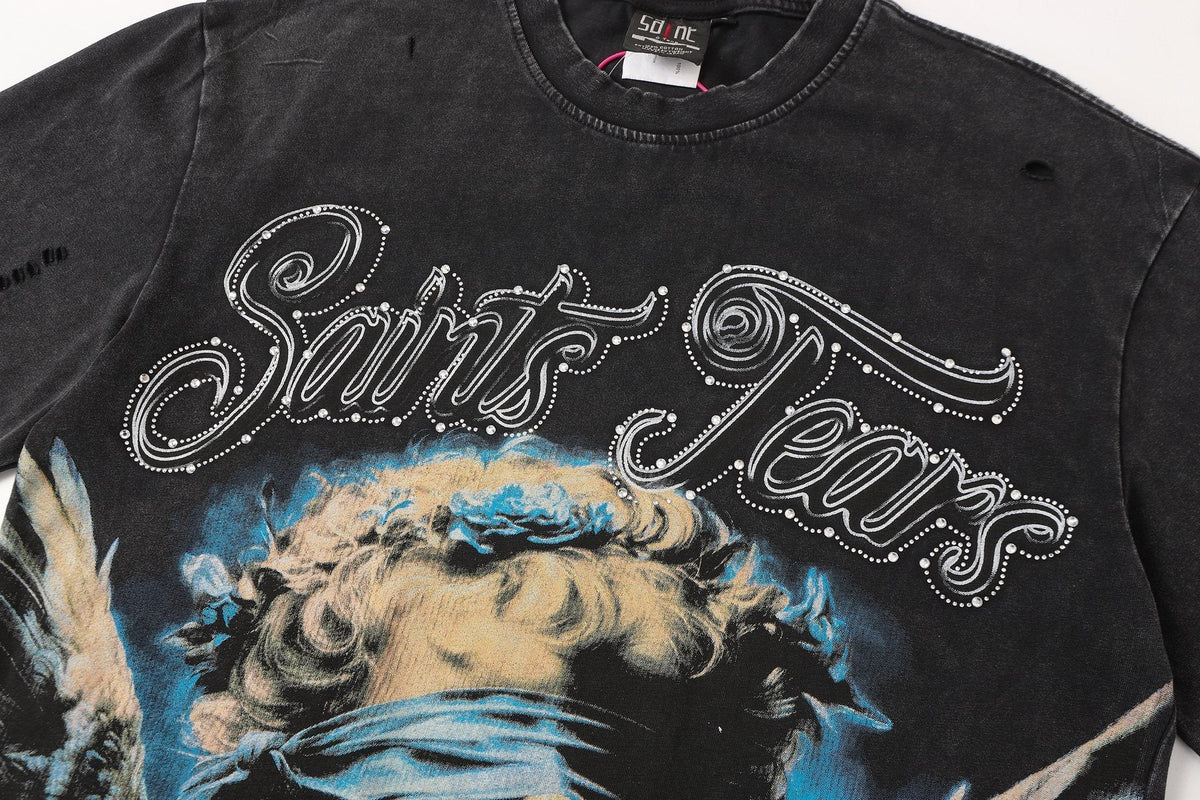 SAINT Angel Graphic Washed Black T-Shirt ¡ª detail