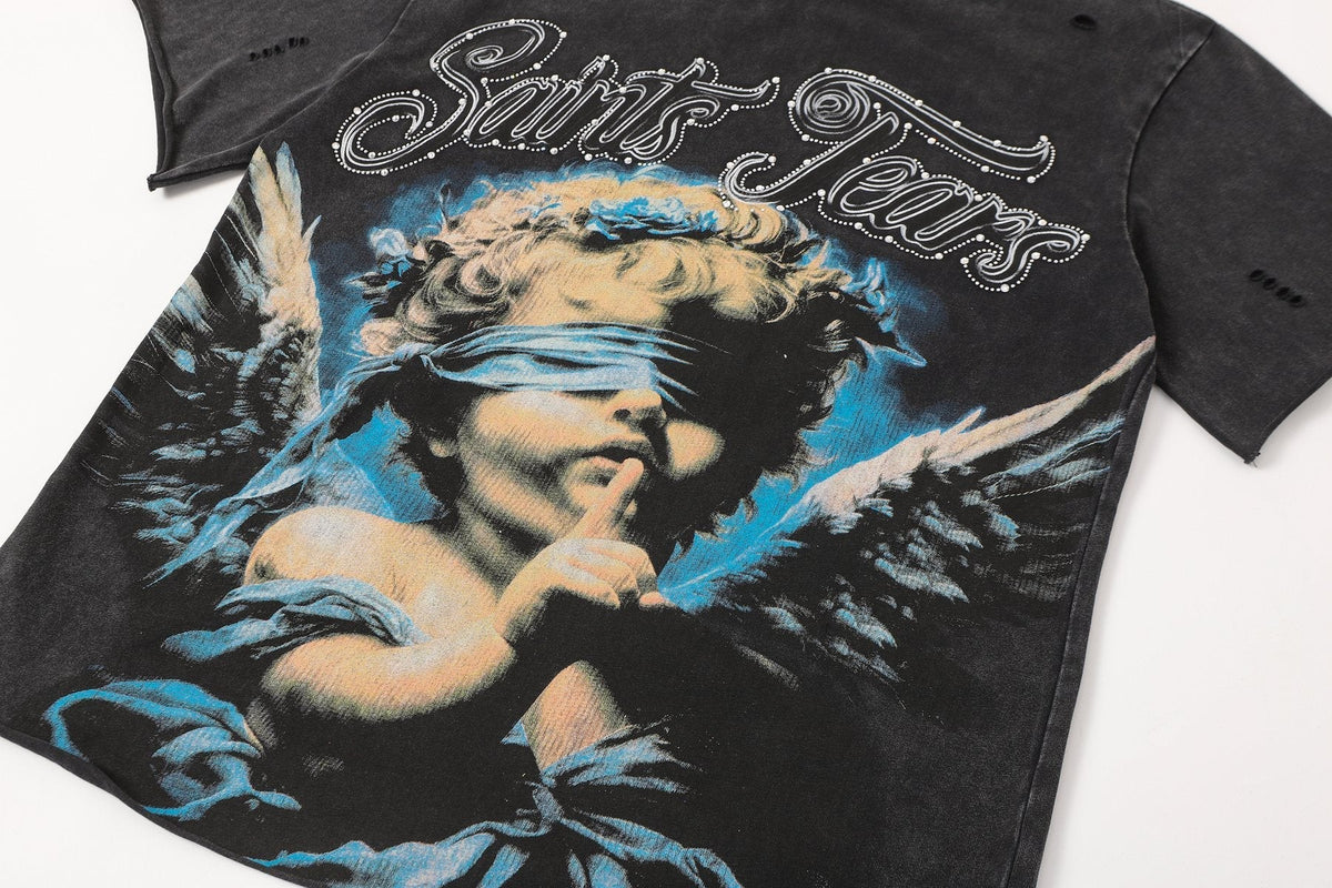SAINT Angel Graphic Washed Black T-Shirt ¡ª detail