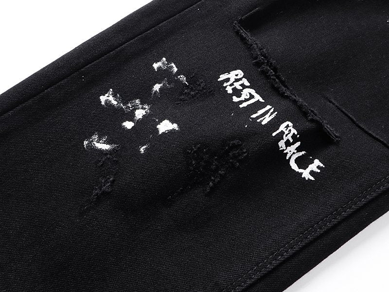 R+A Rest in Peace Cross Patch Paint-Splatter Jeans ¡ª detail