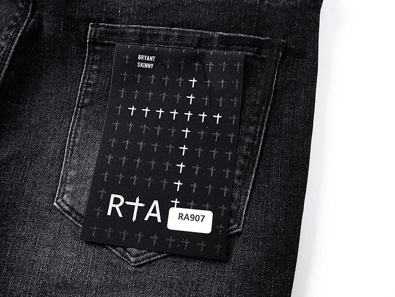 R+A Washed Black Distressed Logo Detail Jeans ¡ª detail