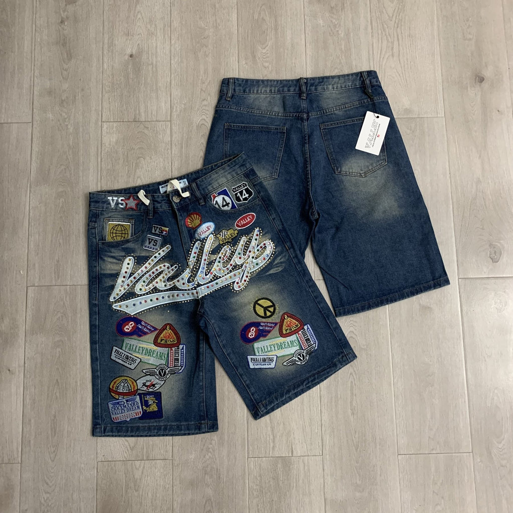 VALE 1980s Patch Rhinestone Denim Shorts ¡ª front