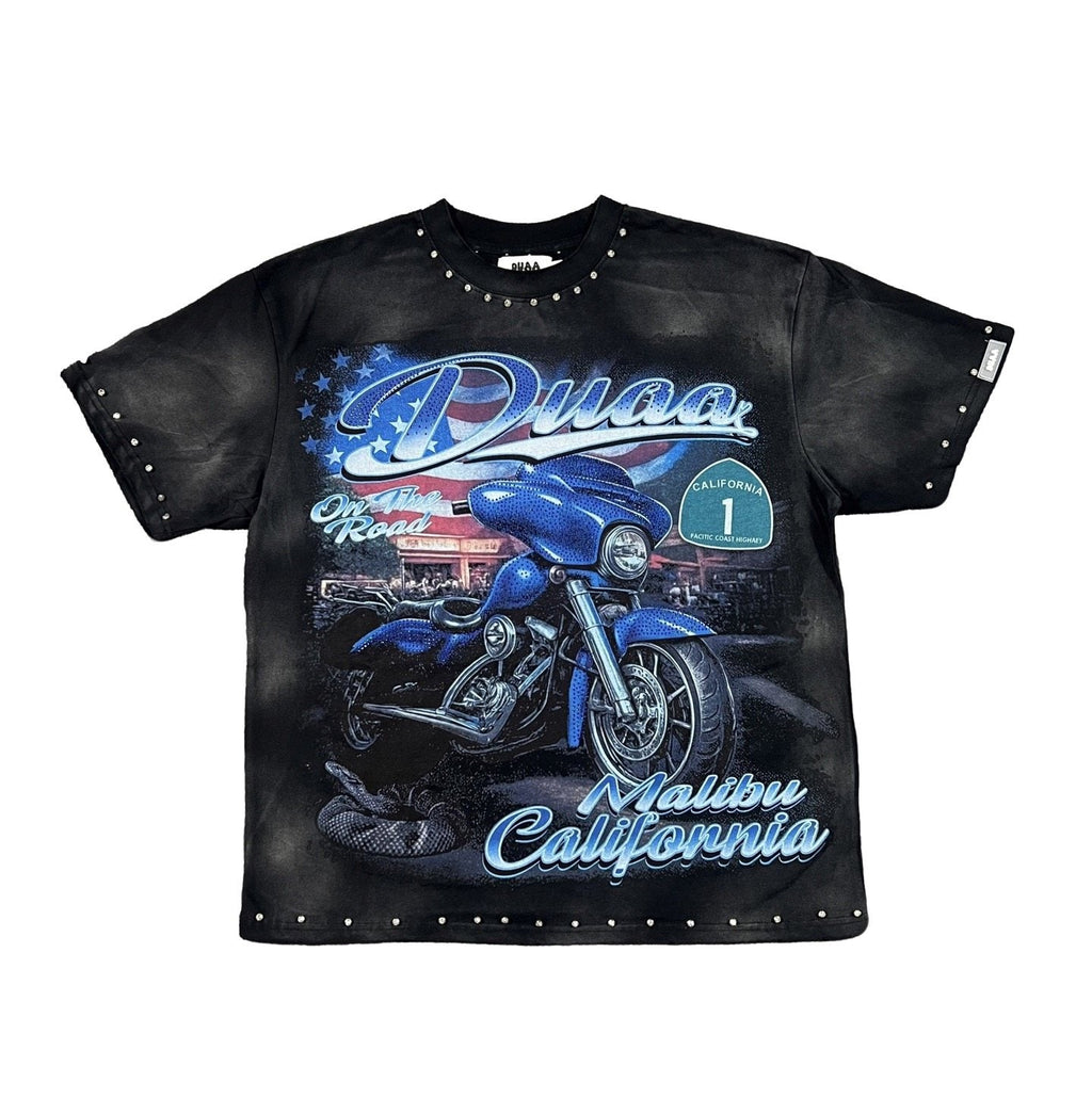 DUAA Blue Motorcycle Graphic Studded T-Shirt ¡ª hero