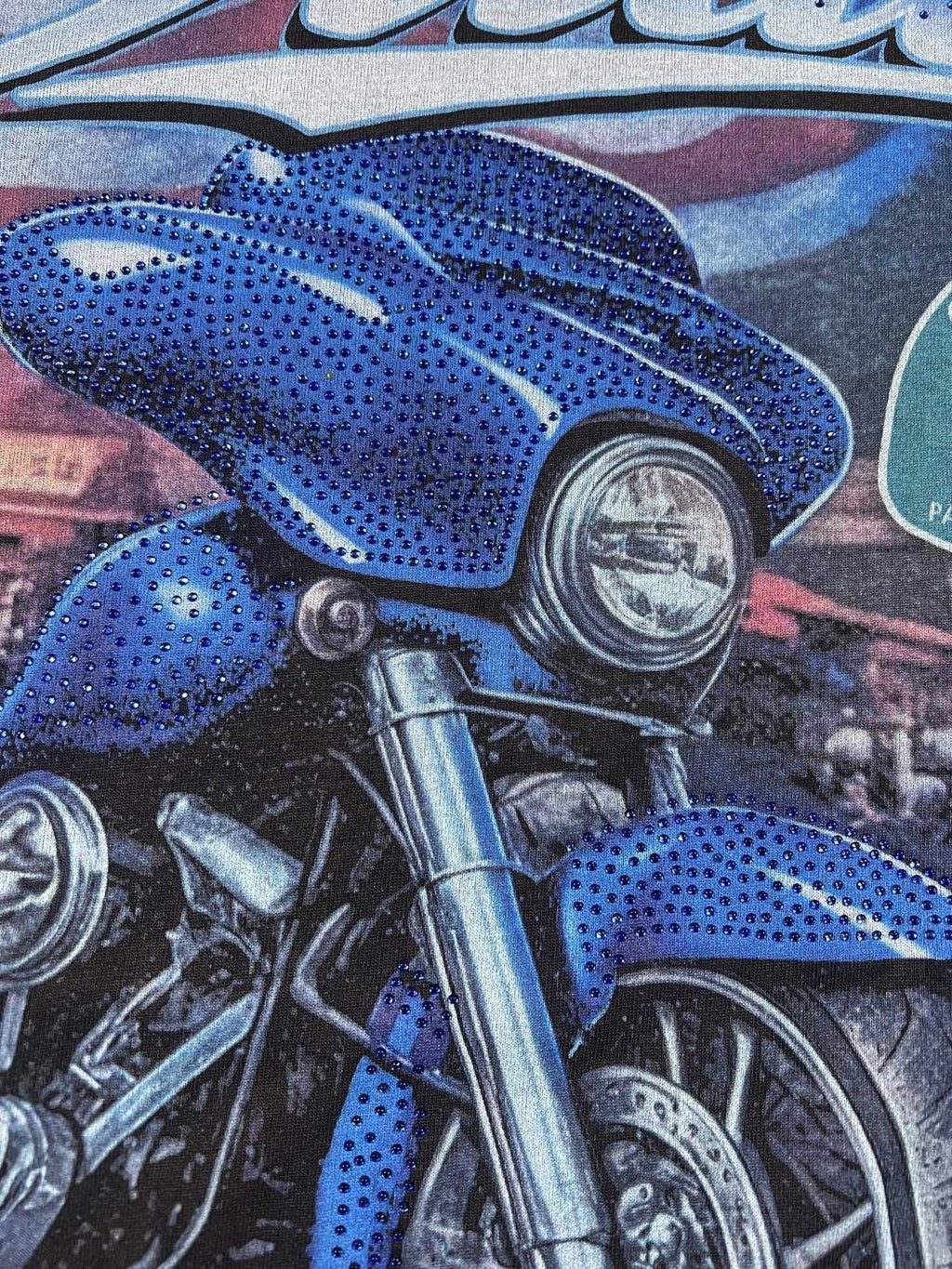 DUAA Blue Motorcycle Graphic Studded T-Shirt ¡ª detail