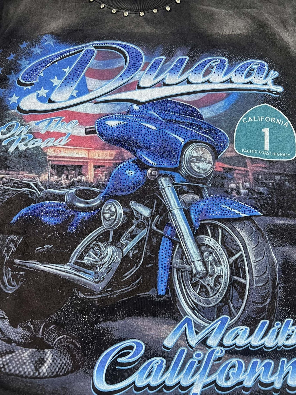 DUAA Blue Motorcycle Graphic Studded T-Shirt ¡ª detail