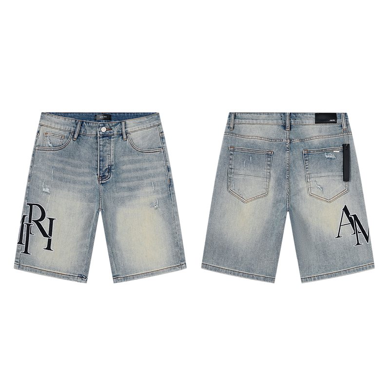 AMIRI Light Blue Distressed Monogram Denim Shorts ¡ª hero