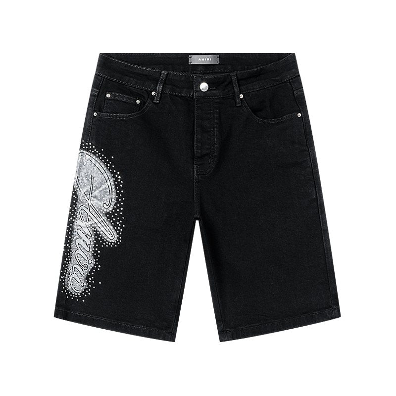 AMIRI Black Rhinestone Script Denim Shorts ¡ª hero