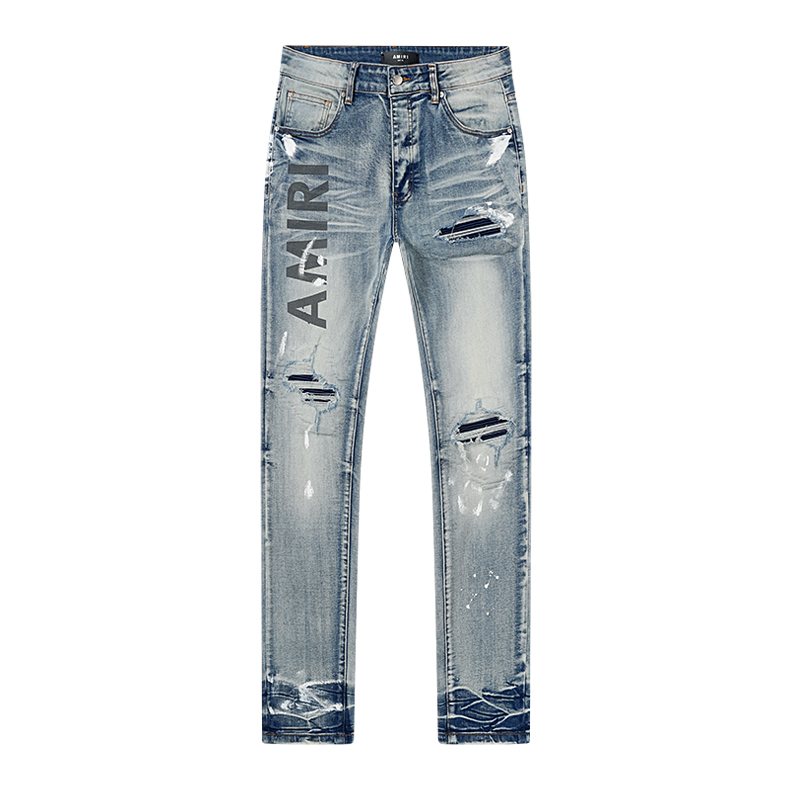 Amiri Light Blue Distressed Leg Print Jeans ¡ª front