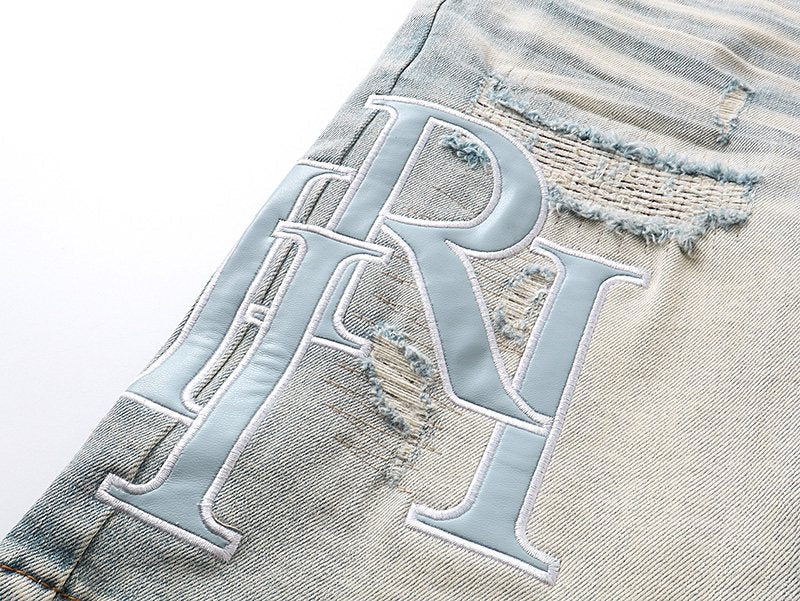 AMIRI Light Blue Monogram Denim Shorts ¡ª detail